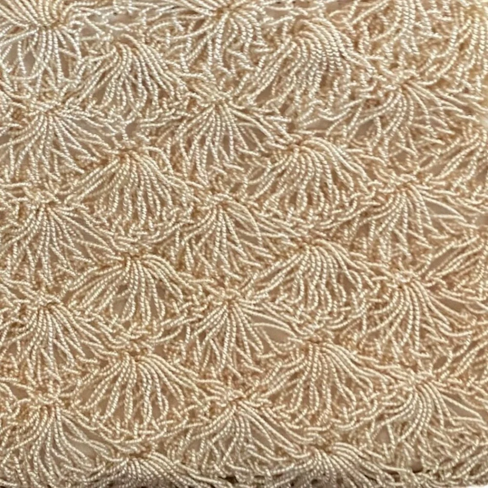 VTG Beaded Scalloped‎ Fan Clutch Evening Bag Champagne Cream Acrylic Ring Pull